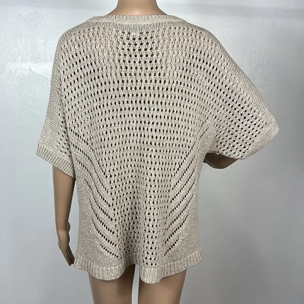 J. Jill Pure Jill Beige Cotton Open Knit Crochet Short Sleeve Sweater Size MP